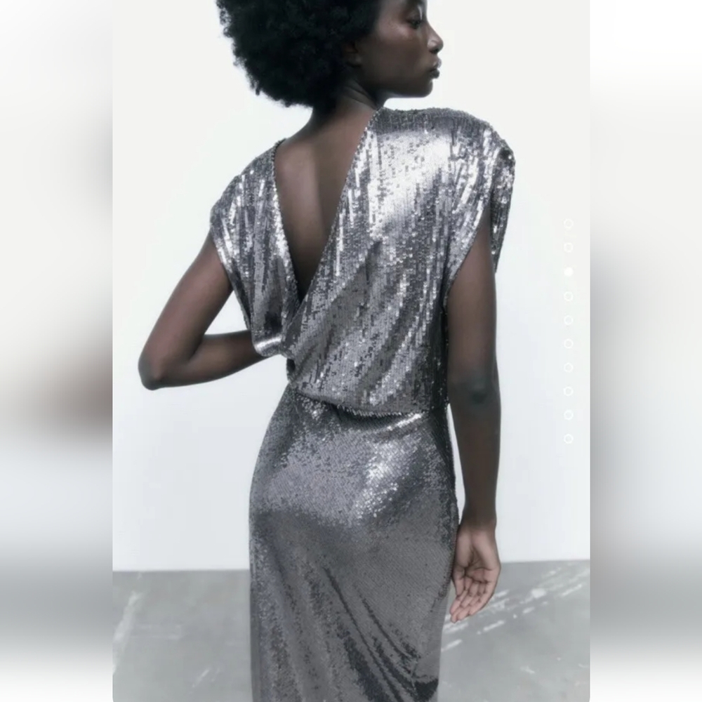 Zara SEQUIN SILVER LONG DRESS GOWN Size S - Picture 10 of 16